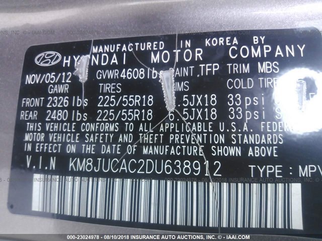 KM8JUCAC2DU638912 - 2013 HYUNDAI TUCSON GLS/LIMITED 灰色 照片 9