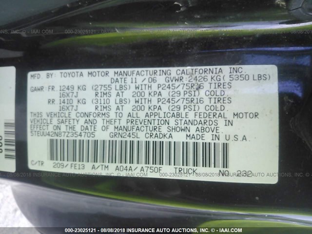 5TEUU42N87Z354705 - 2007 TOYOTA TACOMA ACCESS CAB Schwarz Foto 9