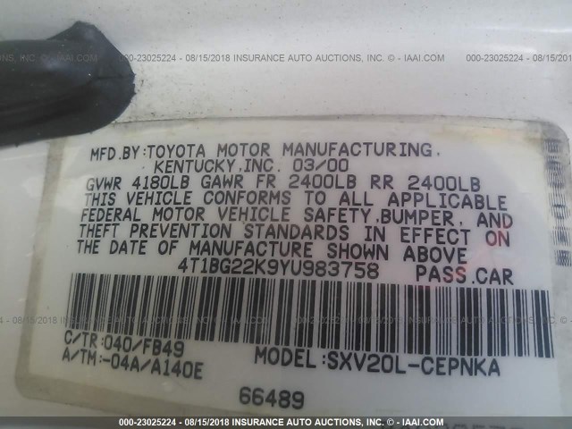 4T1BG22K9YU983758 - 2000 TOYOTA CAMRY CE/LE/XLE 白色 照片 9