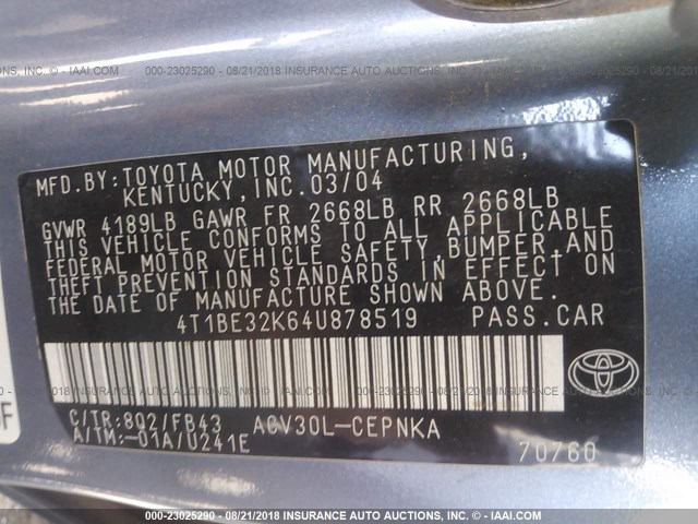 4T1BE32K64U878519 - 2004 TOYOTA CAMRY LE/XLE/SE 浅蓝色 照片 9