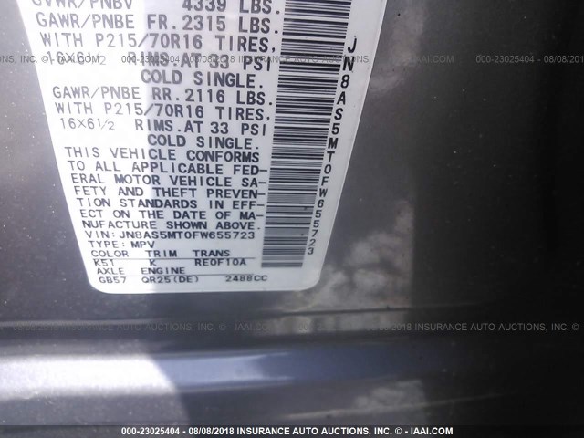 JN8AS5MT0FW655723 - 2015 NISSAN ROGUE SELECT S GRAY photo 9