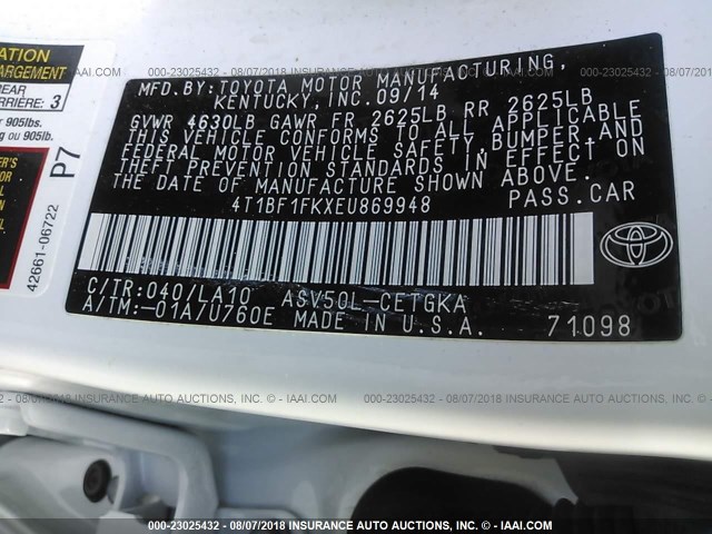 4T1BF1FKXEU869948 - 2014 TOYOTA CAMRY L/SE/LE/XLE 白色 照片 9