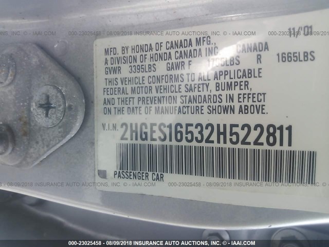 2HGES16532H522811 - 2002 HONDA CIVIC LX SILVER photo 9