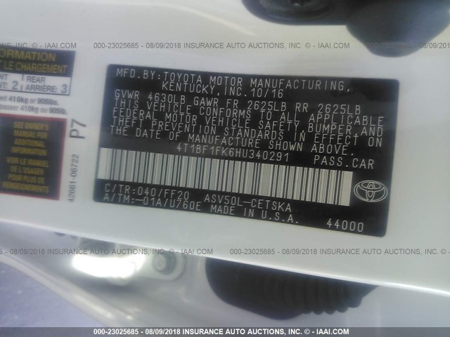 4T1BF1FK6HU340291 - 2017 TOYOTA CAMRY LE/XLE/SE/XSE WHITE photo 9