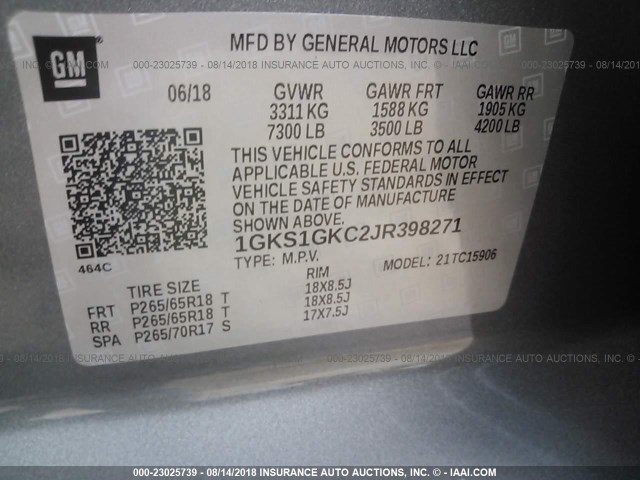 1GKS1GKC2JR398271 - 2018 GMC YUKON XL C1500 SLT SILVER photo 9