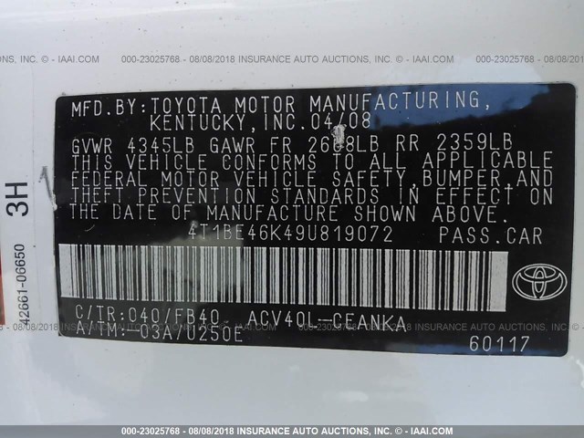 4T1BE46K49U819072 - 2009 TOYOTA CAMRY SE/LE/XLE WHITE photo 9