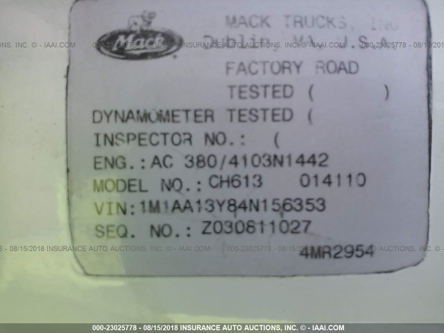 1M1AA13Y84N156353 - 2004 MACK CH613 CH600 WHITE photo 10