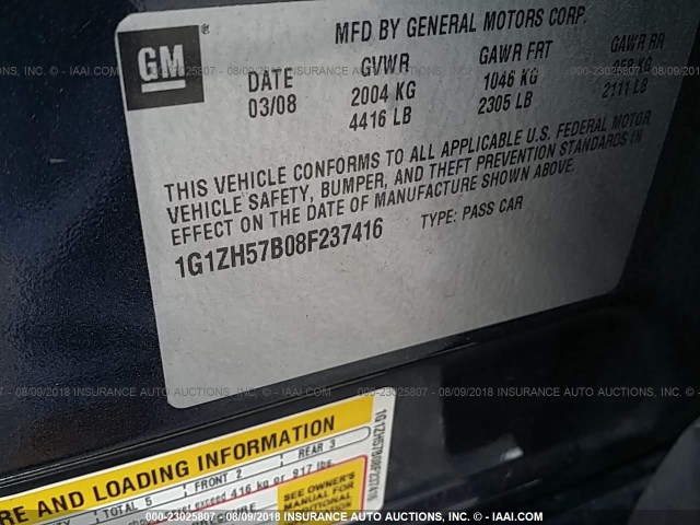 1G1ZH57B08F237416 - 2008 CHEVROLET MALIBU 1LT BLUE photo 9