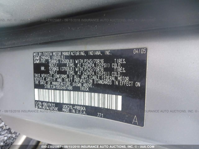 5TBET34195S487486 - 2005 TOYOTA TUNDRA DOUBLE CAB SR5 GRAY photo 9