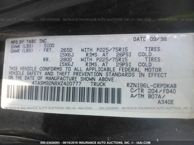 4TASM92N8XZ420777 - 1999 TOYOTA TACOMA XTRACAB PRERUNNER შავი ფოტო 9