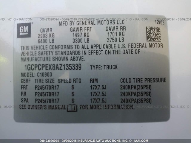 1GCPCPEX8AZ135339 - 2010 CHEVROLET SILVERADO C1500 WHITE photo 9