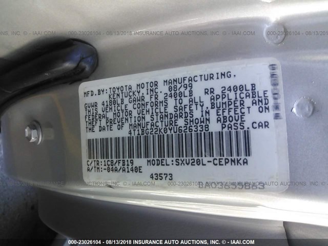 4T1BG22K0YU626338 - 2000 TOYOTA CAMRY CE/LE/XLE 灰色 照片 9