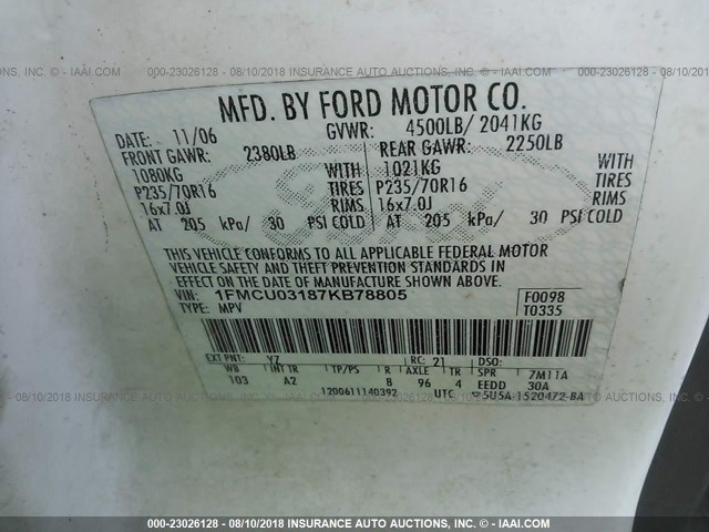 1FMCU03187KB78805 - 2007 FORD ESCAPE XLT WHITE photo 9
