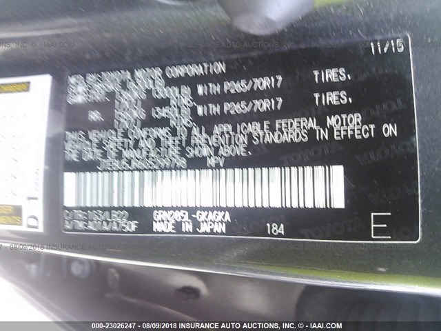 JTEBU5JR6G5299798 - 2016 TOYOTA 4RUNNER SR5 PREM/LTDL/TRAIL/TRD GRAY photo 9