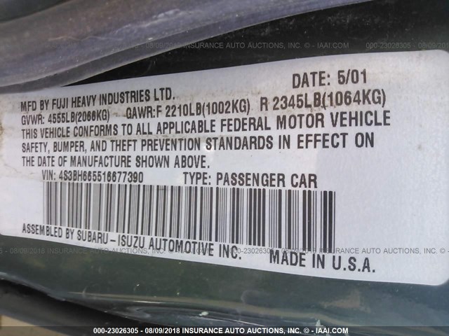 4S3BH665516677390 - 2001 SUBARU LEGACY OUTBACK GREEN photo 9