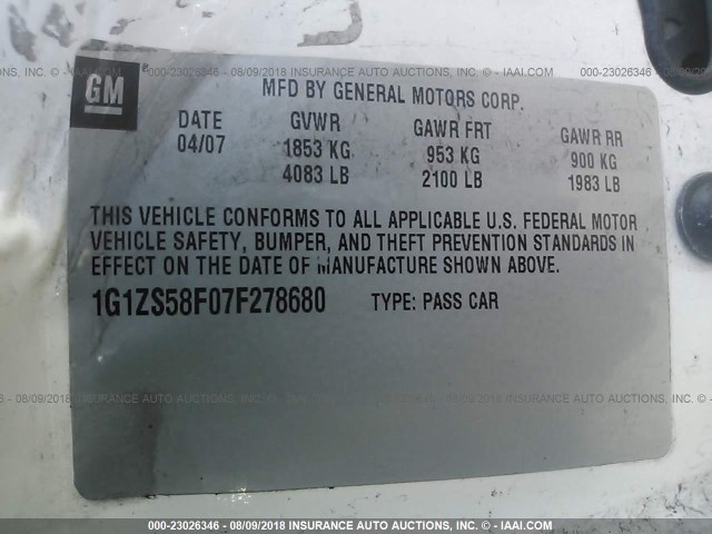 1G1ZS58F07F278680 - 2007 CHEVROLET MALIBU LS თეთრი ფოტო 9