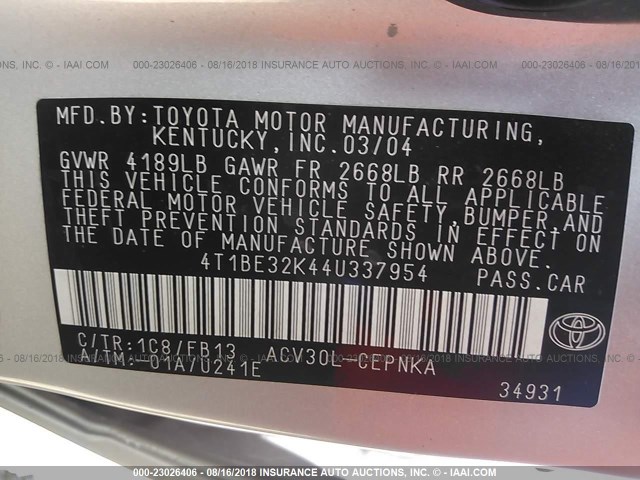 4T1BE32K44U337954 - 2004 TOYOTA CAMRY LE/XLE/SE Күміс фото 9
