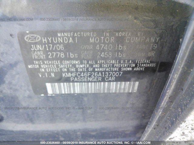 KMHFC46F26A137007 - 2006 HYUNDAI AZERA SE/LIMITED BLUE photo 9