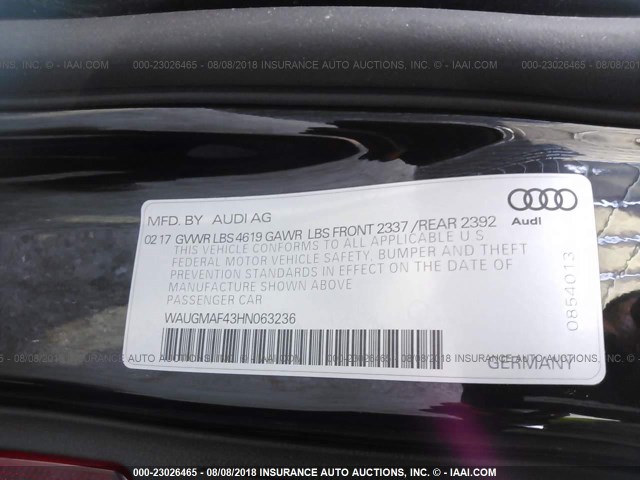 WAUGMAF43HN063236 - 2017 AUDI A4 BLACK photo 9