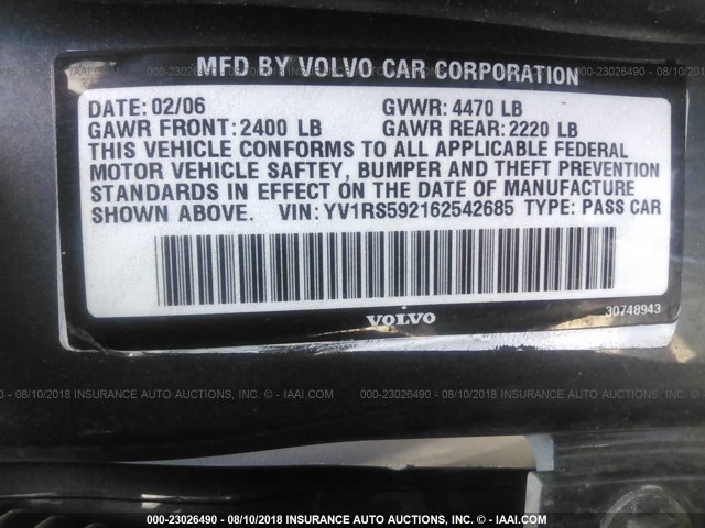 YV1RS592162542685 - 2006 VOLVO S60 2.5T GRAY photo 9