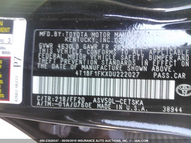 4T1BF1FKXDU222027 - 2013 TOYOTA CAMRY L/SE/LE/XLE 黑色 照片 9