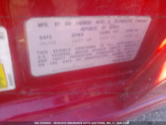 KL1TD66E59B334993 - 2009 CHEVROLET AVEO LS/LT RED photo 9