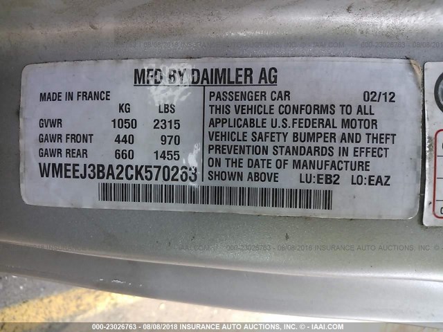 WMEEJ3BA2CK570263 - 2012 SMART FORTWO PURE/PASSION WHITE photo 9