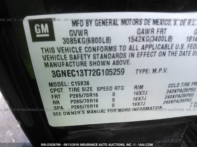 3GNEC13T72G105259 - 2002 CHEVROLET AVALANCHE C1500 BLACK photo 9