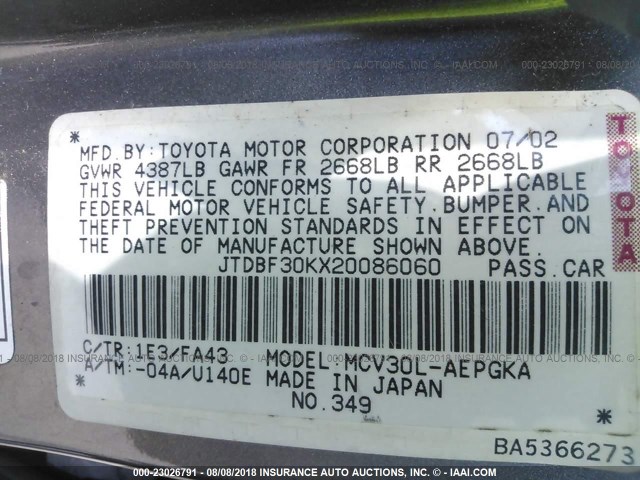 JTDBF30KX20086060 - 2002 TOYOTA CAMRY LE/XLE/SE Сұр фото 9