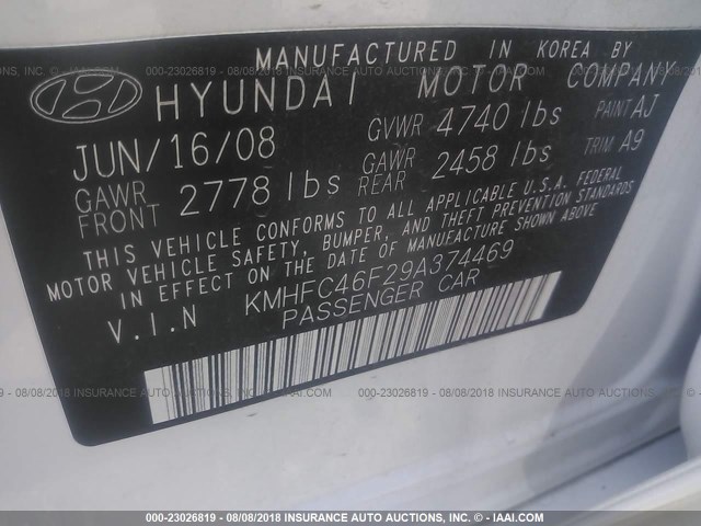 KMHFC46F29A374469 - 2009 HYUNDAI AZERA WHITE photo 9