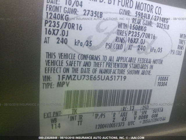 1FMZU73E65UA51719 - 2005 FORD EXPLORER XLT/XLT SPORT/NBX 棕色 照片 9