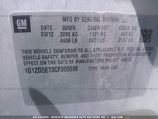 1G1ZG5E73CF305606 - 2012 CHEVROLET MALIBU LTZ 银色 照片 9