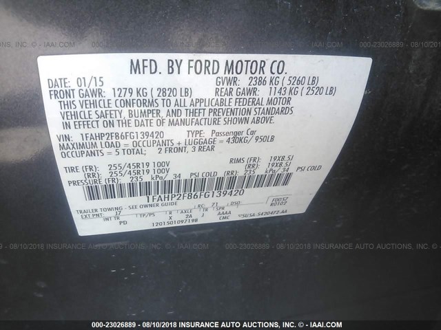 1FAHP2F86FG139420 - 2015 FORD TAURUS LIMITED GRAY photo 9