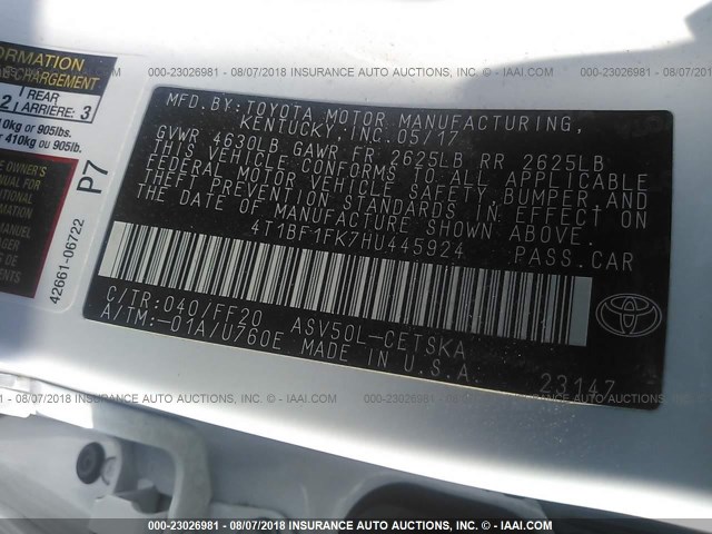 4T1BF1FK7HU445924 - 2017 TOYOTA CAMRY LE/XLE/SE/XSE 白色 照片 9