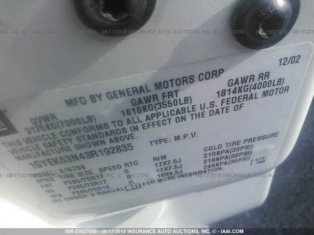 1GYEK63N43R192835 - 2003 CADILLAC ESCALADE LUXURY Weiß Foto 9