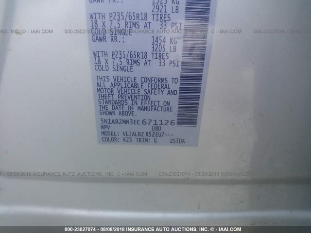 5N1AR2MN3EC671126 - 2014 NISSAN PATHFINDER S/SV/SL/PLATINUM SILVER photo 9