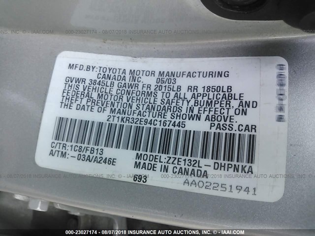 2T1KR32E94C167445 - 2004 TOYOTA COROLLA MATRIX XR SILVER photo 9