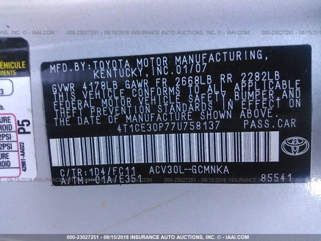 4T1CE30P77U758137 - 2007 TOYOTA CAMRY SOLARA SE/SLE SILVER photo 9