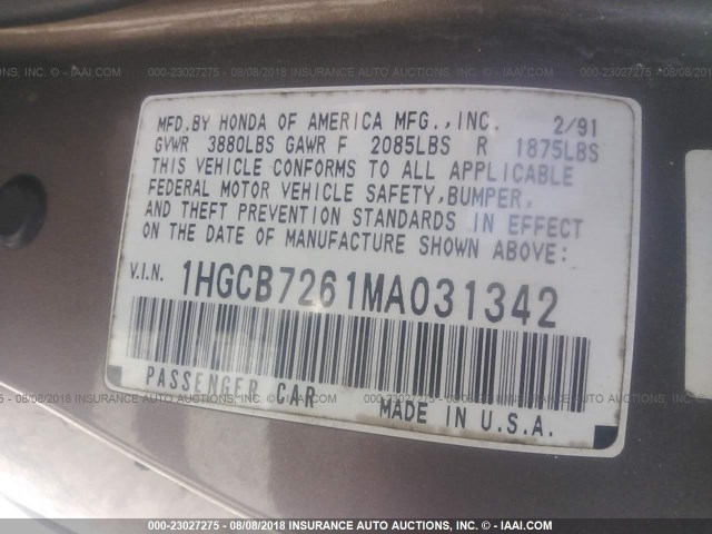 1HGCB7261MA031342 - 1991 HONDA ACCORD EX/EX-R BROWN photo 9