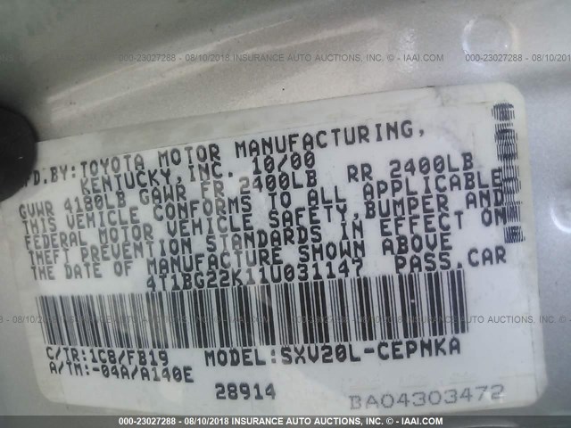 4T1BG22K11U031147 - 2001 TOYOTA CAMRY CE/LE/XLE 银色 照片 9