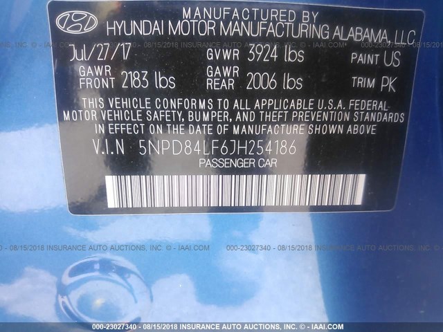 5NPD84LF6JH254186 - 2018 HYUNDAI ELANTRA SEL/VALUE/LIMITED BLUE photo 9