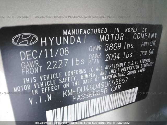 KMHDU46D49U655657 - 2009 HYUNDAI ELANTRA GLS/SE Champagne photo 9