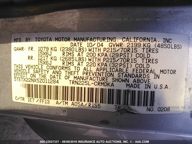 5TETX22NX5Z011284 - 2005 TOYOTA TACOMA ACCESS CAB SILVER photo 9