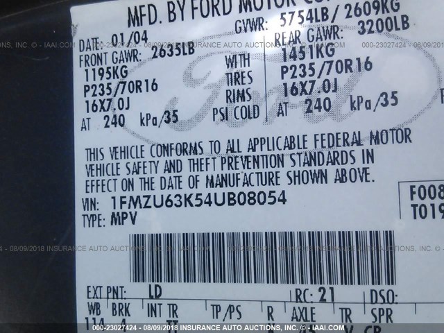 1FMZU63K54UB08054 - 2004 FORD EXPLORER XLT/XLT SPORT/NBX 蓝色 照片 9