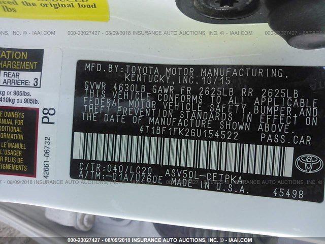 4T1BF1FK2GU154522 - 2016 TOYOTA CAMRY LE/XLE/SE/XSE 白色 照片 9