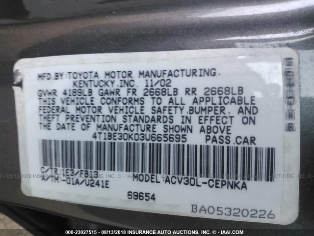 4T1BE30K03U665695 - 2003 TOYOTA CAMRY LE/XLE/SE Boz foto 9
