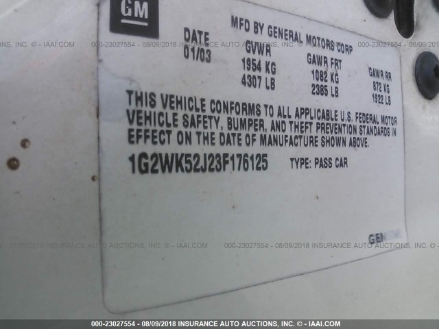 1G2WK52J23F176125 - 2003 PONTIAC GRAND PRIX SE WHITE photo 9