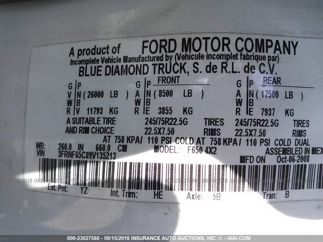 3FRNF65C89V135213 - 2009 FORD F650 SUPER DUTY WHITE photo 10