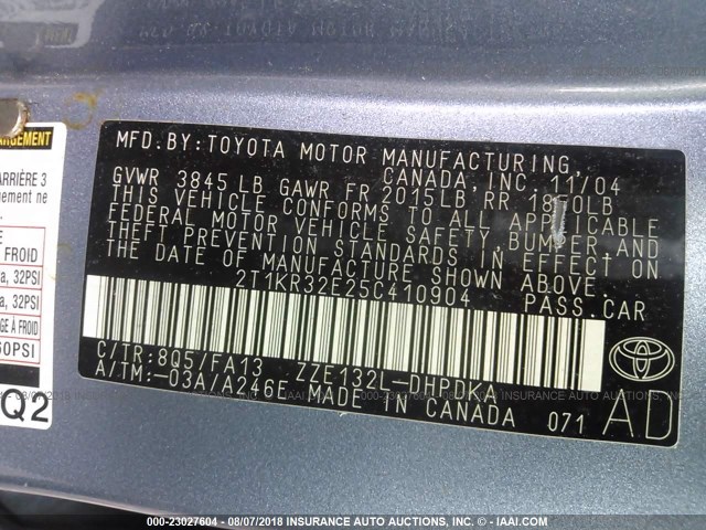 2T1KR32E25C410904 - 2005 TOYOTA COROLLA MATRIX XR BLUE photo 9