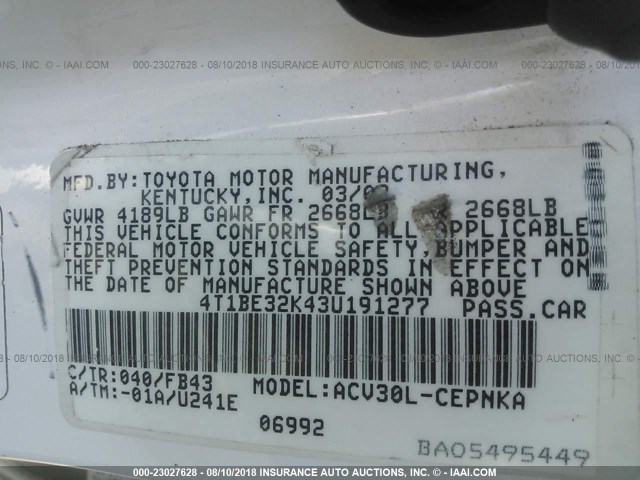 4T1BE32K43U191277 - 2003 TOYOTA CAMRY LE/XLE/SE WHITE photo 9